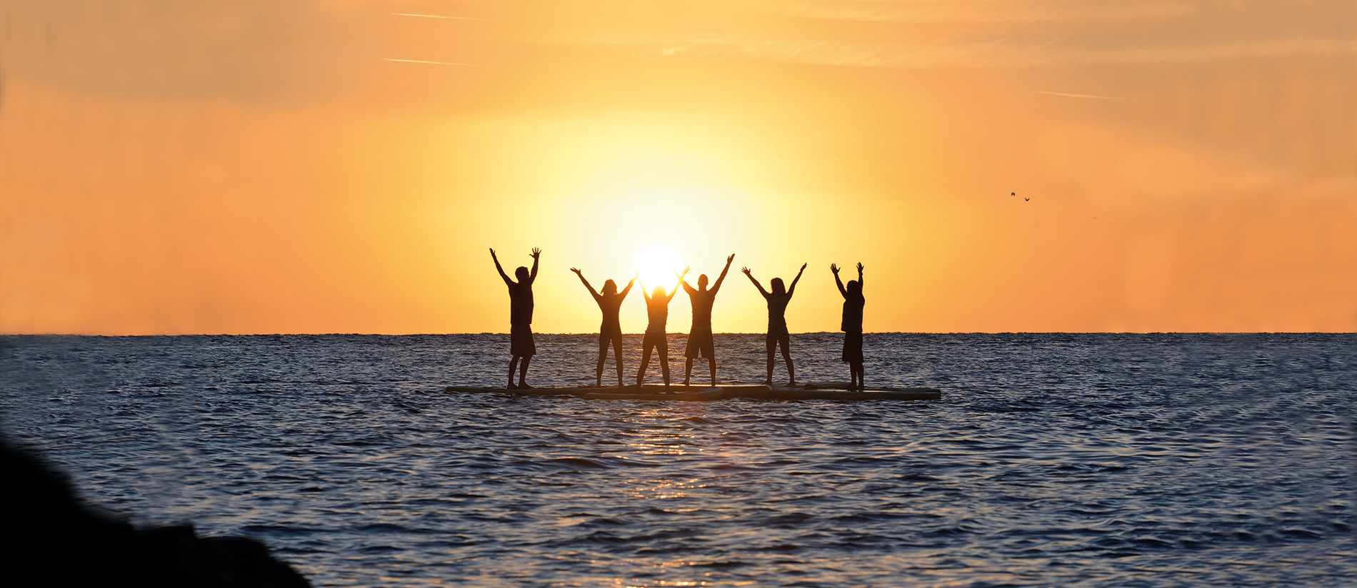 sechs glückliche SUP Paddler - stehend am SUP Board und Sonnenuntergang-Stimmung